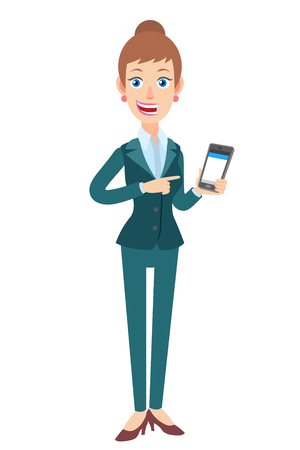 Businesswoman pointing at mobile phone in his hand. Full length portrait of Cartoon Businesswoman Character. Vector illustration in a flat style.のイラスト素材