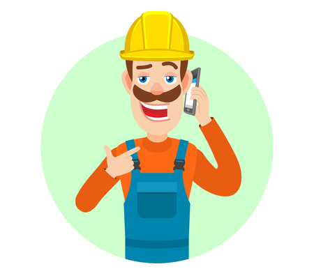 Builder pointing his finger at the mobile phone that he talks. Portrait of Cartoon Builder Character. Vector illustration in a flat style.のイラスト素材