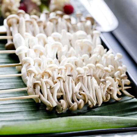 variety of mushrooms skewerd on wooden sticks ready to grilledの写真素材