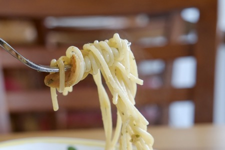 fork with spaghettiの写真素材