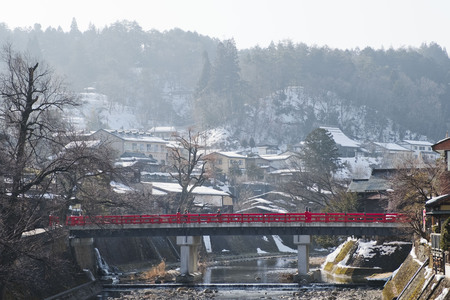 The red bridge or Nakabashi Bridge in Takayama-shi, Takayama JAPANのeditorial素材