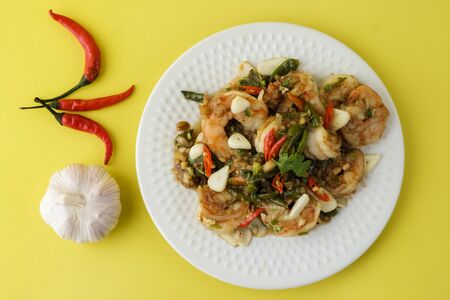 Stir-fried shrimp with chilli with garlic and chilli and spoon aの写真素材