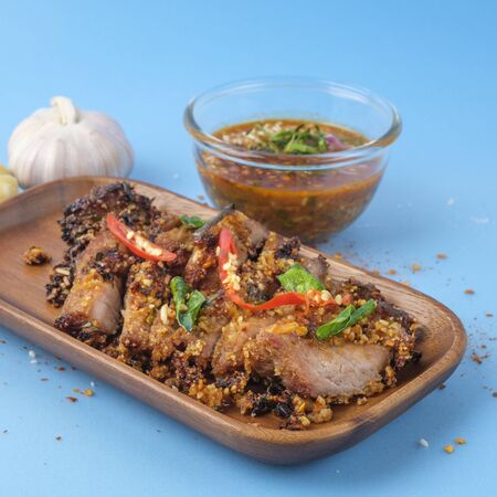 Deep Fried Pork mix spicy thai herbs with spicy dipping, Savoryの写真素材