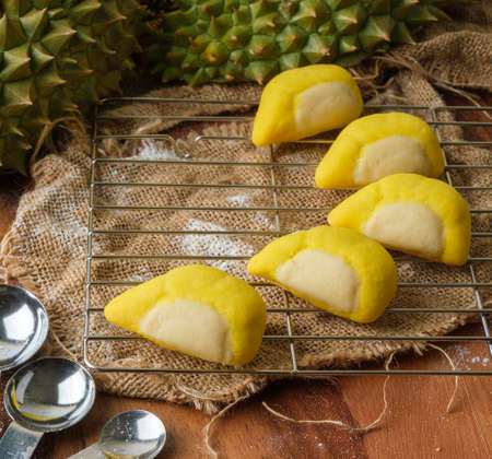 Durian and salted egg cookies with Durian shape Crispy Cookiesの写真素材