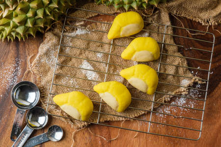 Durian and salted egg cookies with Durian shape Crispy Cookiesの写真素材