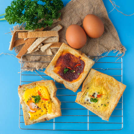 Variety of toast bread with tasty toppings. Healthy food for lunch