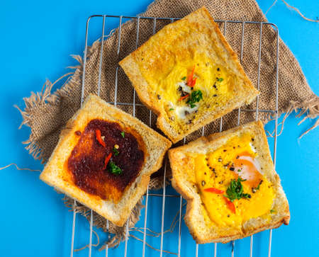 Variety of toast bread with tasty toppings. Healthy food for lunch