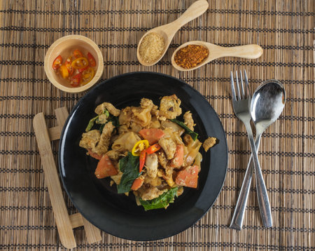 Stir fried wide rice noodles with chicken. Thai dish, Thai peoplの写真素材