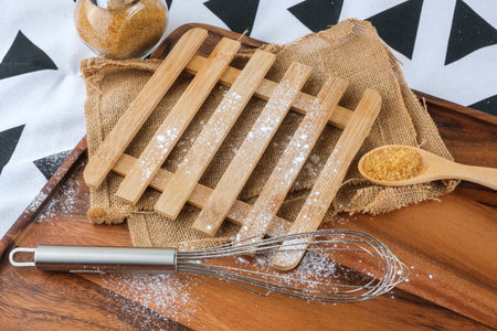 flour on wooden background. Rustic vintage style. Top view. Copyの写真素材