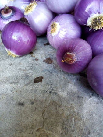 Red onion on old wood boardの素材