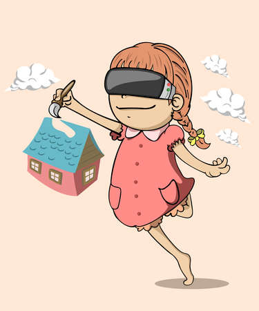 Children playing virtual reality. Virtual reality technology. Children funny playing games VR headset. Vector illustrationのイラスト素材