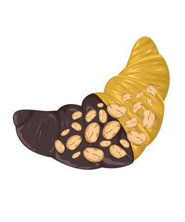 Croissant light brown bread chocolate coating with almonds on top. White background and isolation. vector and illustationのイラスト素材