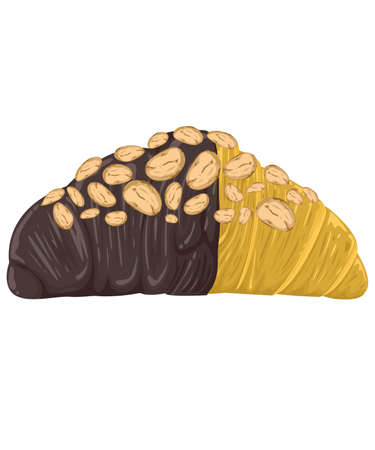 Croissant light brown bread chocolate coating with almonds on top. White background and isolation. vector and illustationのイラスト素材