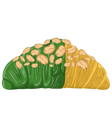 Bakery Croissant light brown bread green tea chocolate coating almonds on top. white background and isolation. vector and illustationのイラスト素材