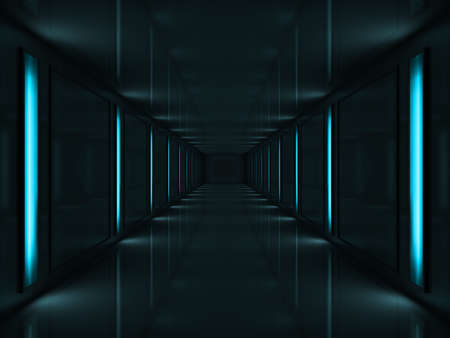 3d rendered dark corridor with blue lamps on wallsの写真素材