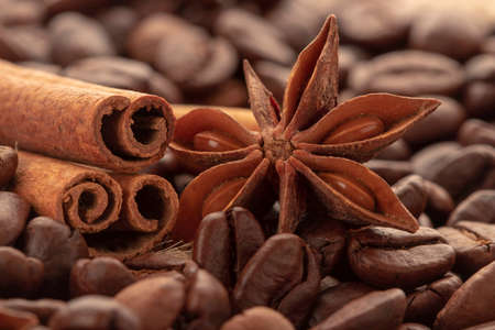 Coffee beans and badian on a background of burlap. Roasted coffee beans background close up. Spice. Badian. Coffee house.の写真素材
