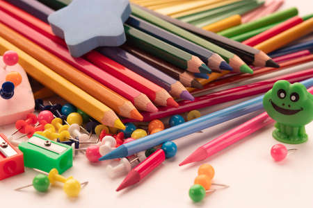 Back to school. School accessories on a white background.の写真素材