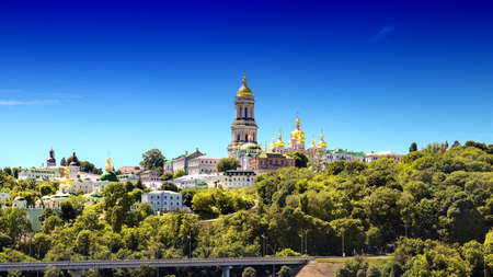 Panoramic view of Kyiv-Pechersk Lavra churches, the Dnieper river in Kyiv, Ukraine.の写真素材