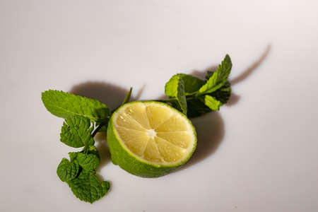 cut lime and mint on white backgroundの写真素材