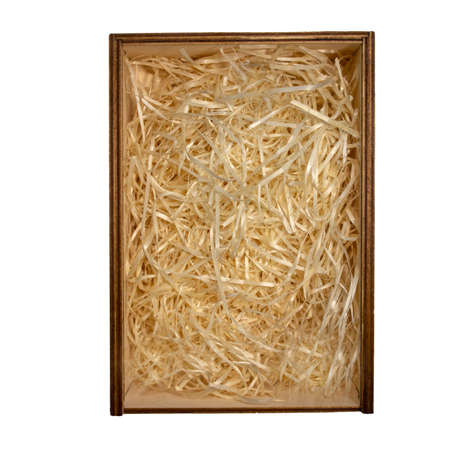 empty natural wooden box for happy giftsの写真素材