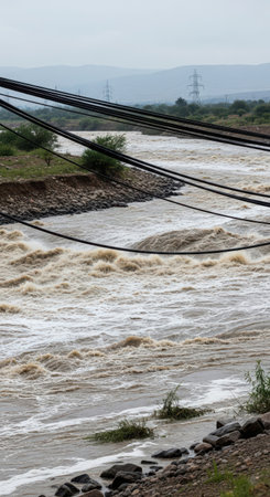 Power line on the background of a stormy river. The concept of environmental pollution.の素材