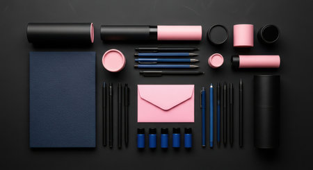 Top view of various stationery on black background with copy space.の素材