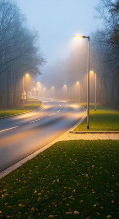 Foggy road in the city park at dawn. Landscape.の素材