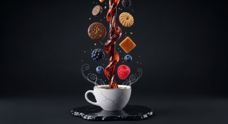 Dynamic splash of dark coffee pouring into a white cup surrounded by falling berries and assorted cookies against a dark backgroundの素材