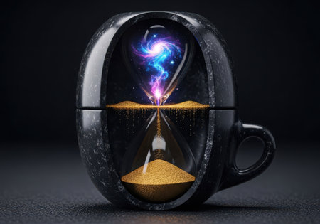 A surreal hourglass shaped like a dark coffee mug, containing a glowing blue and purple galaxy and flowing golden sand against a black backgroundの素材