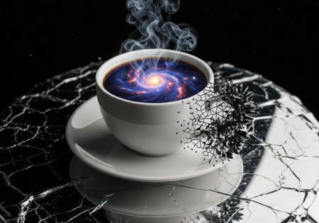A surreal image of a steaming white coffee cup containing a glowing galaxy, resting on a shattered reflective surface against a dark space backgroundの素材