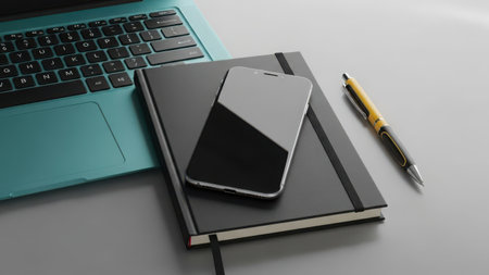 Overhead view of teal laptop, notebook, smartphone, and pen on gray surfaceの素材