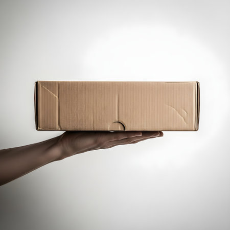 A close-up, side-view photograph showing a human hand supporting a long, narrow, brown cardboard shipping box from underneath.の素材
