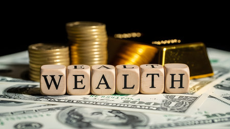 Wealth concept with wooden blocks and gold coins on us dollar billsの素材