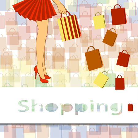 Waist-down view of shopping woman wearing red high heel shoes and carrying shopping bags. Vector illustration.のイラスト素材