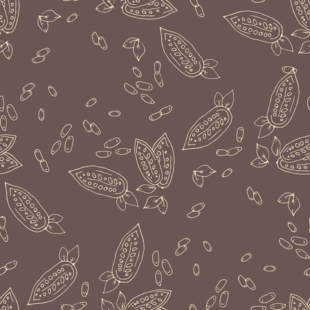 Seamless texture with cocoa fruits and cocoa leaves. Cocoa fruit on a brown background. Pattern for...