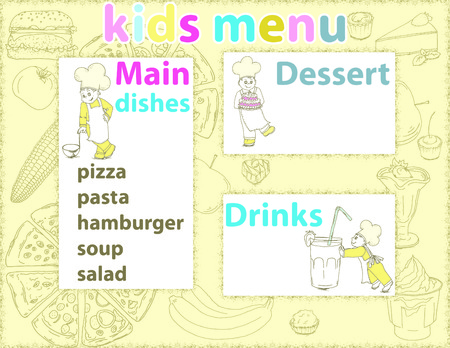 Cute colorful kids meal menu template with funny cartoon kitchen boy. Different types of dishes on a hand drawn grocery background.のイラスト素材