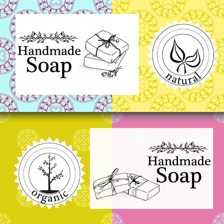 set of seamless patterns, labels and design templates for hand made soap packaging and wrapping paper.のイラスト素材