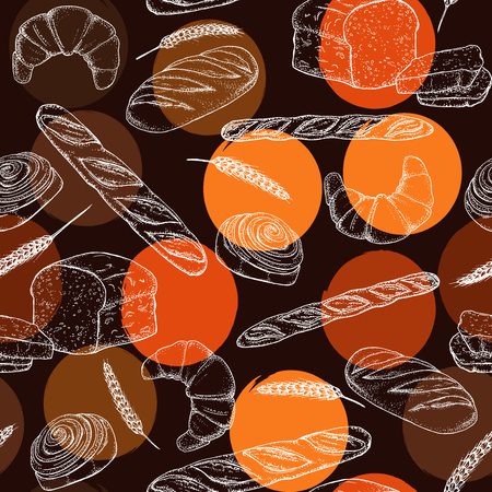 Bread, seamless pattern with bakery products, french baguette, croissant and bun.のイラスト素材