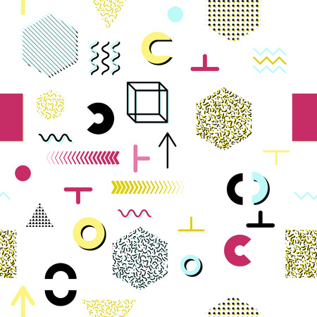 Trendy geometric elements memphis cards, seamless pattern. Retro style texture. Modern abstract design poster, cover, card design.のイラスト素材