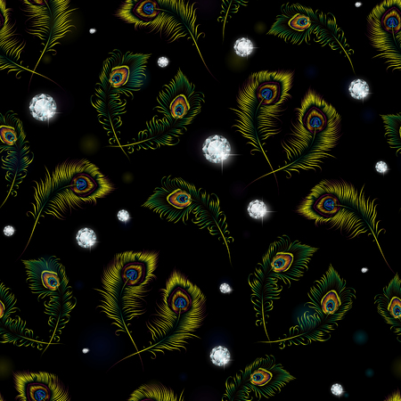 Beautiful vector peacock feathers and diamonds seamless pattern.のイラスト素材