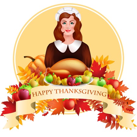 illustration of Thanksgiving celebration banner with maple leaf, apples, pumpkin and beautiful girl with a roasted turkey on a platterのイラスト素材
