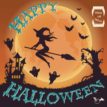 Halloween party. Witch, ghost, bat, moon, and other items on Halloween theme. Halloween background. Vector illustration.のイラスト素材