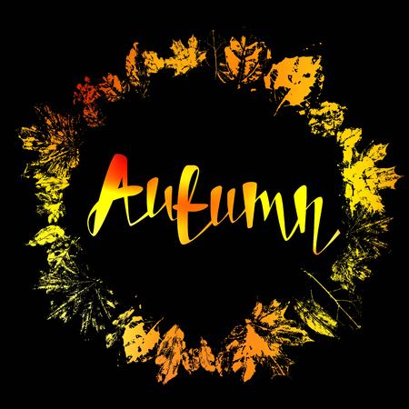 Autumnal round frame. Wreath of autumn leaves. Background with hand drawn autumn leaves. Fall of the leaves. Sketch, design elements. Vector illustration.のイラスト素材