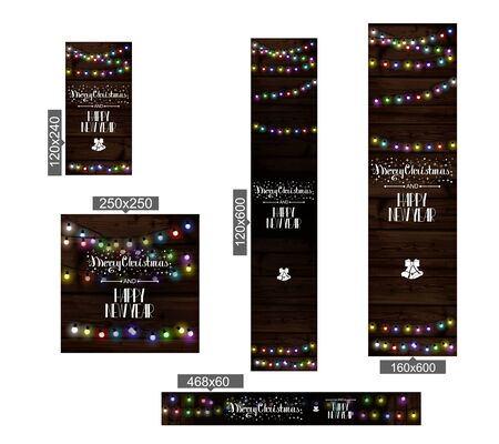 Christmas lights poster with shining and glowing garlands on wooden background Lettering Merry Christmas and a Happy New Year. Web banner vector illustrationのイラスト素材