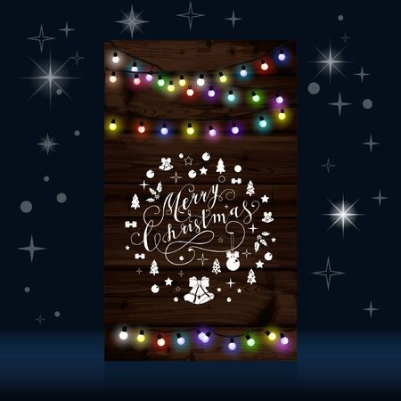 Christmas lights poster with shining and glowing garlands on wooden background Lettering Merry Christmas. Web banner vector illustrationのイラスト素材
