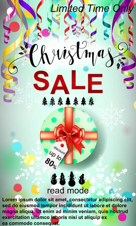 Merry Christmas sale web banner. Colorful paper streamers and confetti. Christmas Sale. Place for your text. Design for poster, invitation, gift certificate, card.のイラスト素材