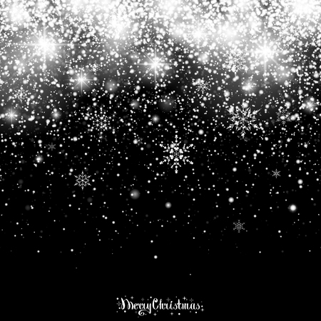 Christmas Snowfall. Falling Christmas sparkling transparent beautiful snow isolated on black background. Lettering Merry Christmas. Snowflakes. Vector illustrationのイラスト素材