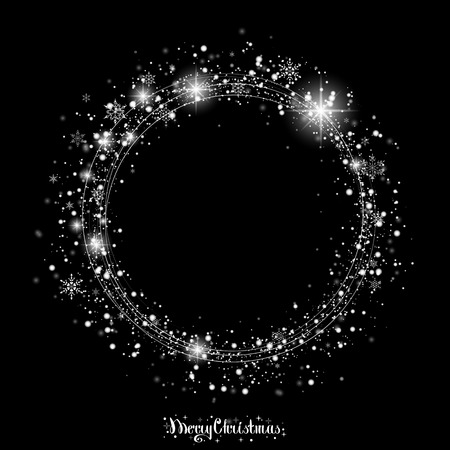 Christmas Snowfall. The circle of snowflakes sparkling transparent beautiful snow isolated on black background Lettering Merry Christmas. Snow Vector illustrationのイラスト素材