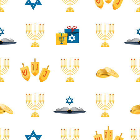 Hanukkah seamless pattern with menorah, dreidel, coins, snowflakes, donuts, bows and Jewish star. Perfect for wallpapers, gift papers, patterns fills, textile, Hanukkah greeting cardsのイラスト素材