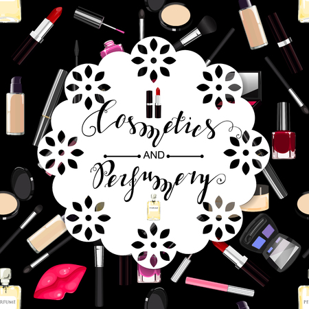Vector design with perfume, cosmetics. Seamless pattern. Nail polish, mascara, lipstick, eye shadows, brush, powder, lip gloss, lips. Lettering Perfumes, Cosmeticsのイラスト素材